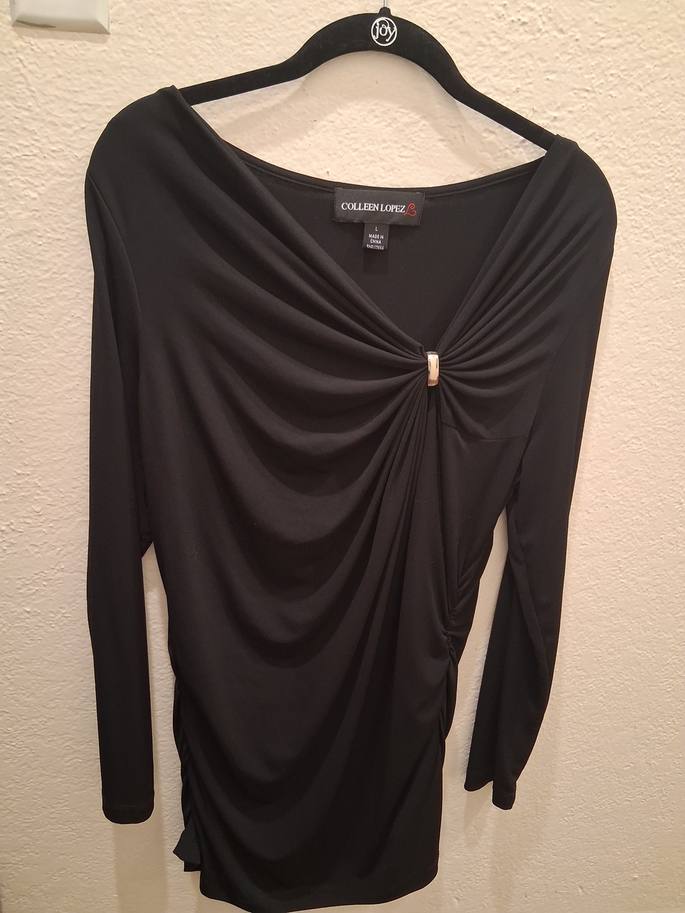 Colleen Lopez Black Draped Long Sleeve Tunic with Gold Accent